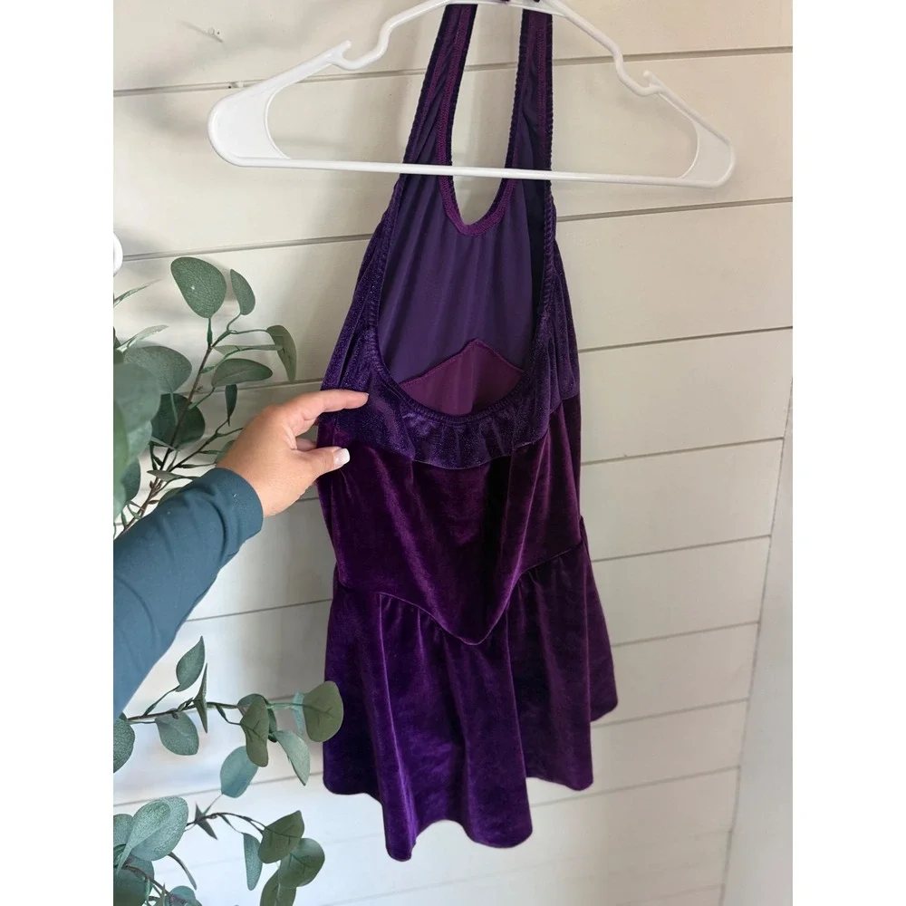 The Line Up Purple Velvet Glitter Halter Dance Costume Skirted‎ Leotard Small